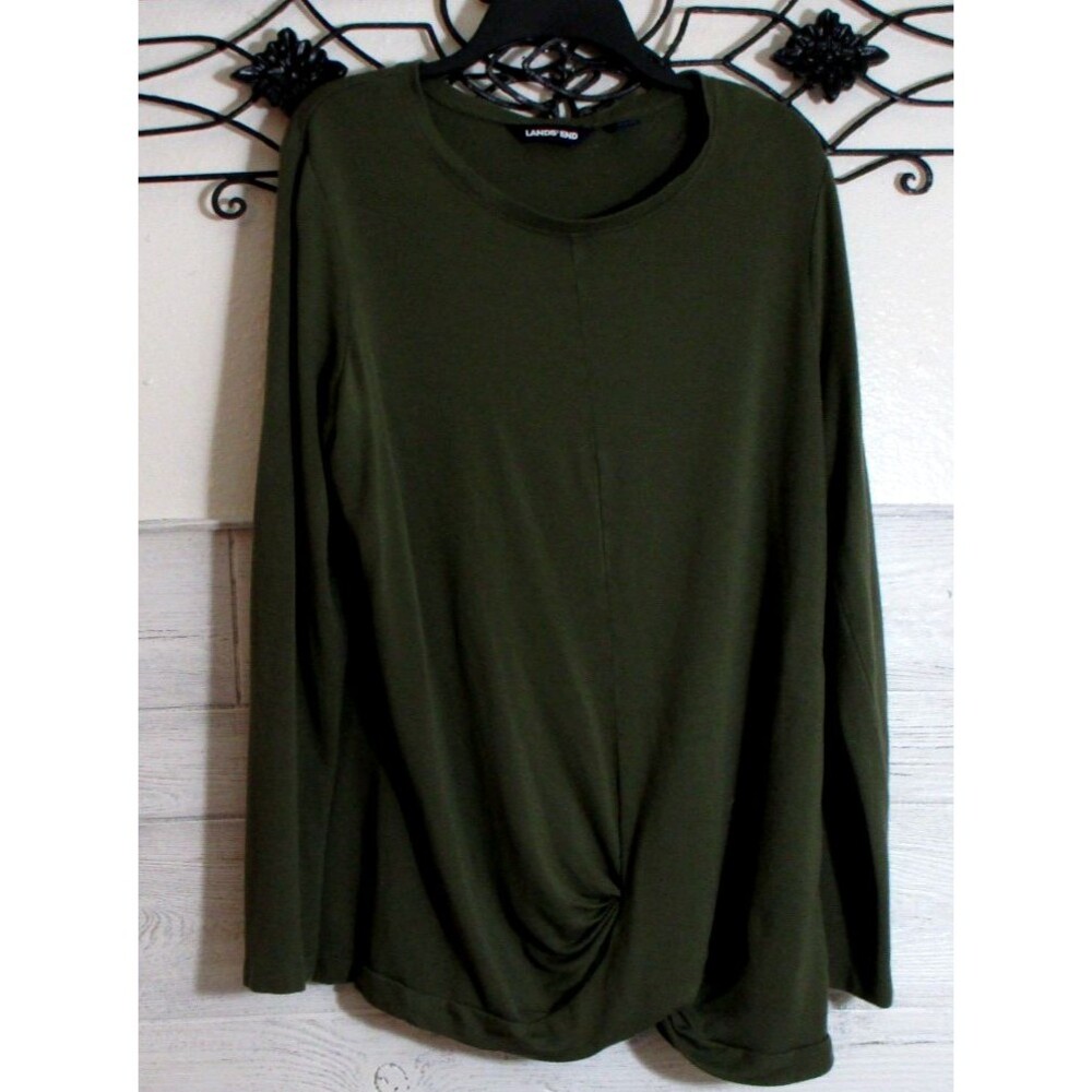 Land's End Women's Knit Top Size L Long Sleeve Green Round Neck